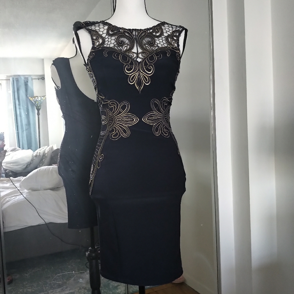 Lipsy London navy bodycon fitted gold trim dress 4